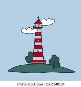 Poster of the lighthouse building. Cartoon icon houses in the harbor with the ocean. Illustrations of towers with a lantern for poster design. Vector illustration