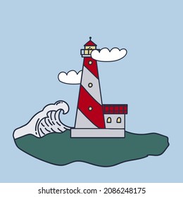 Poster of the lighthouse building. Cartoon tower in the harbor or on the beach. Illustrations of a house with a lantern and light. Vector illustration