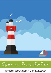 Poster with lighthouse and german text for greetings from the North Sea vector illustration
