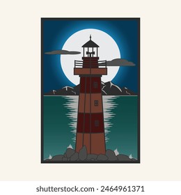 poster faro noche paisaje diseño arte Ilustración vectorial.