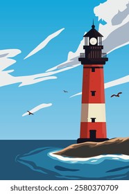 poster of lighthouse with sea view and panorama, background vintage vector illustration design