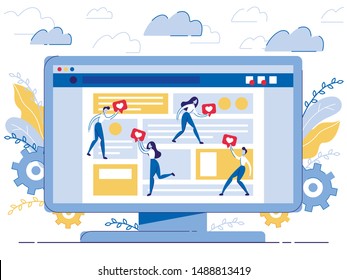 Poster Like Bot for Video Blogging Cartoon Flat. In Foreground Computer Screen with an Application Assistant. Men and Women Vote for Interesting Content. Smart Online Service. Vector Illustration.