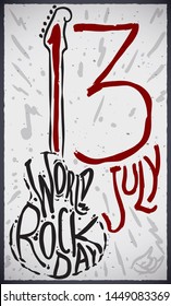Poster like a graffiti with the words "World Rock Day" inside of the electric guitar silhouette forming its shape to celebrate this date in July 13 with music notes, rays and the sign of the horns.