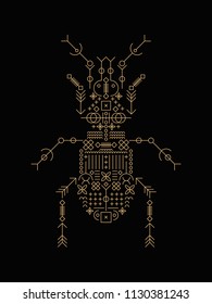 Poster with line abstract elements. Graphic beetle. Vector lines, geometric pattern on black background. Icon decorative insect. Template for emblem, poster, card, banner. Concept of gold foil print.