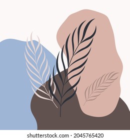 Poster with line leaf on abstract background. One-line drawing style. Vector illustration for design clothes, card, notepad, poster.