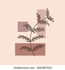 Poster with line leaf on abstract background. One-line drawing style. Vector illustration for design clothes, card, notepad, poster.