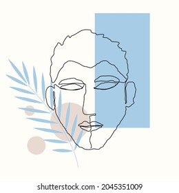 Cara del hombre de la línea del afiche con la hoja. Estilo de dibujo de una línea. Ilustración vectorial para ropa de diseño, tarjeta, bloc de notas, afiche.