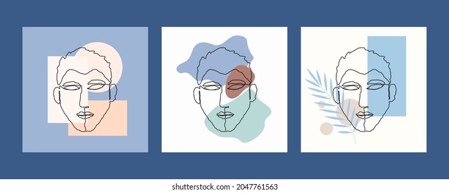 Cara del hombre de la línea del afiche con conjunto de hojas. Estilo de dibujo de una línea. Ilustración vectorial para ropa de diseño, tarjeta, bloc de notas, afiche.