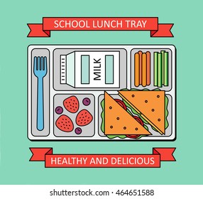 Poster in a line style. School lunch with a sandwich, fresh berries, vegetables and milk. Vector illustration. 
