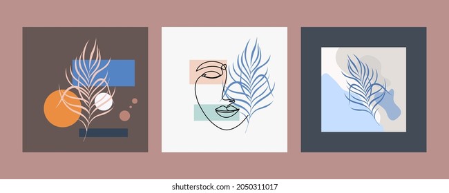 Poster line woman face with leaf set. One-line drawing style. Vector illustration for design clothes, card, notepad, poster.
