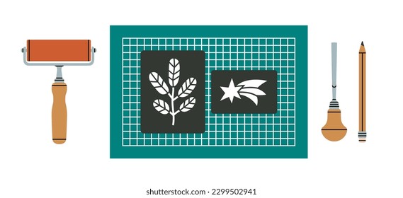 Poster with linocutting equipment. Arts and crafts concept. Paint roller, woodcutter and stamps on special rubber mat. Hand draw vector illustration isolated on white background.