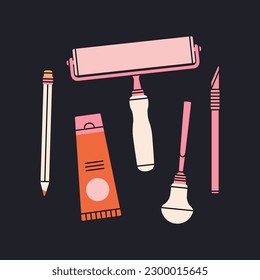 Poster with linocutting equipment. Arts and crafts concept. Paint roller, woodcutter and other tools for linocut. Hand draw vector illustration isolated on black background.