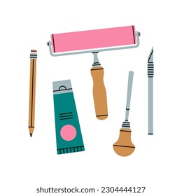 Poster with linocutting equipment. Arts and crafts concept. Paint roller, woodcutter and other tools for linocut. Hand draw vector illustration isolated on white background.