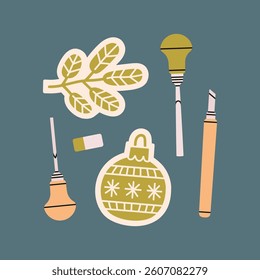 Poster with linocutting equipment. Arts and crafts concept. Stamps with Christmas symbols, woodcutters and other tools for linocut. Hand draw vector illustration isolated on colorful background.