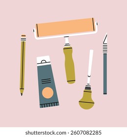 Poster with linocutting equipment. Arts and crafts concept. Paint roller, woodcutter and other tools for linocut. Hand draw vector illustration isolated on pink background.