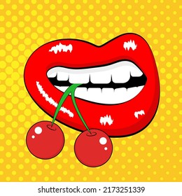 Poster with lips holding a cherry in teeth in pop art comic style.