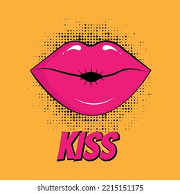 Afiche con labios en estilo de comic de arte pop.