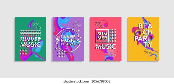 Poster liquid colorful set. Summer music and beach party. Trendy memphis hipster happy holiday.