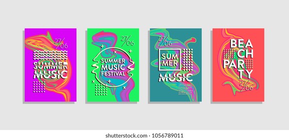 Poster liquid colorful set. Summer music and beach party. Trendy memphis hipster happy holiday.