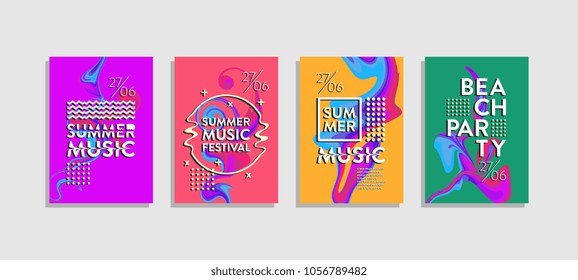 Poster liquid colorful set. Summer music and beach party cover. Trendy memphis hipster happy holiday.