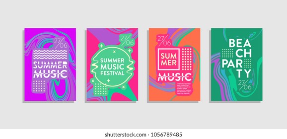 Poster liquid colorful set. Summer music and beach party cover. Trendy memphis hipster happy holiday.