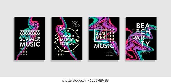 Poster liquid colorful set. Summer music and beach party cover. Trendy memphis hipster happy holiday.