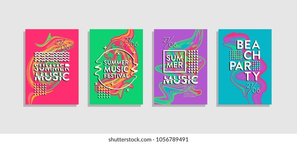 Poster liquid colorful set. Summer music and beach party cover. Trendy memphis hipster happy holiday.