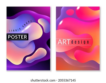 Forma líquida del afiche. Resumen de formas libres color de color manchas de pintura mínimas formas dinámicas. Formas curvadas coloridas, banner de arte, volante o plantilla de folletos de colores rosa y morado. Conjunto de vectores