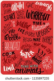 Poster with list of healthy lifestyle habits. A useful list of healthy habits for a card, gym, sports store or home as a reminder. Unique hand lettering. Bush and ink. Vector illustration. Isolated.