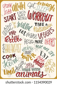 Poster with list of healthy lifestyle habits. A useful list of healthy habits for a card, gym, sports store or home as a reminder. Unique hand lettering. Bush and ink. Vector illustration. Isolated.