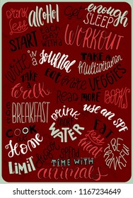 Poster with list of healthy lifestyle habits. A useful list of healthy habits for a card, gym, sports store or home as a reminder. Unique hand lettering. Bush and ink. Vector illustration. Isolated.