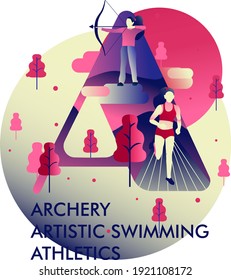 The poster with the list of sports which are named on "a". Athletic runner and archer on the background with the letter A. Vector illustration in minimalist style in blue and pink colors