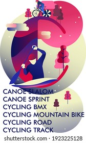 The poster with the list of sports which are named with "c". Canoeist and cycler on a background with the letter C. Vector illustration in minimalist style in blue and pink colors