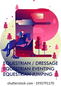 The poster with the list of sports which are named on "E". Equesrian jockey on the background with the letter E. Vector illustration in minimalist style in blue and pink colors