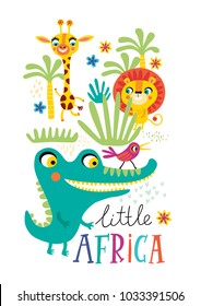 Poster with little African animals for children's room decoration on a white background. 