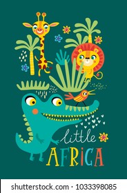 Poster with little African animals for children's room decoration on a green, background. 