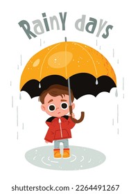 Poster with a little boy holding big yellow umbrella. Child with sad expression. Kid standing in a puddle.