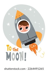 Poster with a little boy in a rocket.  Space rocket blasting. Minimalist background with stars. Cute child playing astronaut.