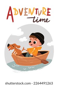 Poster with a little boy rowing in a boat. Cute child with dog. 