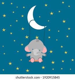 Afiche con un elefante pequeño montando un balancín por la noche, camisetas para niños y bebés y ropa. El elefante se baña en el agua. Ilustración vectorial.