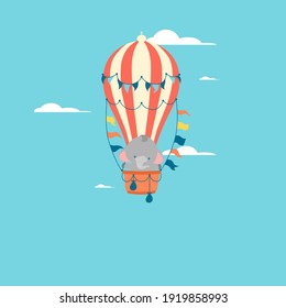 Poster with little elephant vector prints, kids and baby t-shirts and wear. Elephant flying balloon in the sky. Vector illustration.