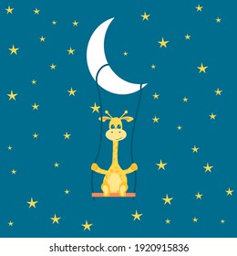 Poster with a little Giraffe riding a swing at night, kids and baby t-shirts and wear. Giraffe bathes in water. Vector illustration.