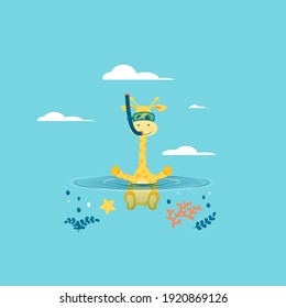 Poster with little Giraffe in the snorkeling mask vector prints, kids and baby t-shirts and wear. Giraffe bathes in water. Vector illustration.