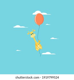 Poster with little Giraffe vector print for kids and baby t-shirts and wear. Giraffe flying balloon in the sky. Vector illustration.