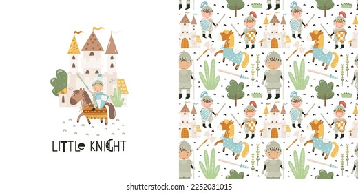 Poster Little Knight Pattern Knight's castle   knight and shield   sword horseback Vector illustration
