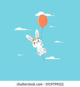 Poster with little rabbit vector print for kids and baby t-shirts and wear. Rabbit flying balloon in the sky. Vector illustration.
