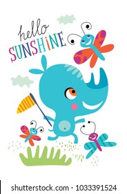 Poster with a little Rhino for children's room decoration on a white background. 