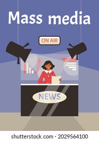 Poster with live broadcasting breaking economic news from television studio. Journalist newscaster on air reads hot news in front of tv cameras. Flat vector illustration.