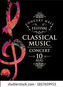 Poster of a live classical music concert. Vector banner, flyer, invitation, ticket or advertising poster with abstract treble clef in the form of bright spots of paint on a black background