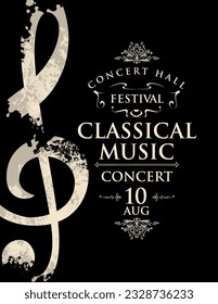 Poster for a live classical music concert. Vector banner, flyer, invitation, ticket or advertising banner with an abstract treble clef in the form of bright spots of paint